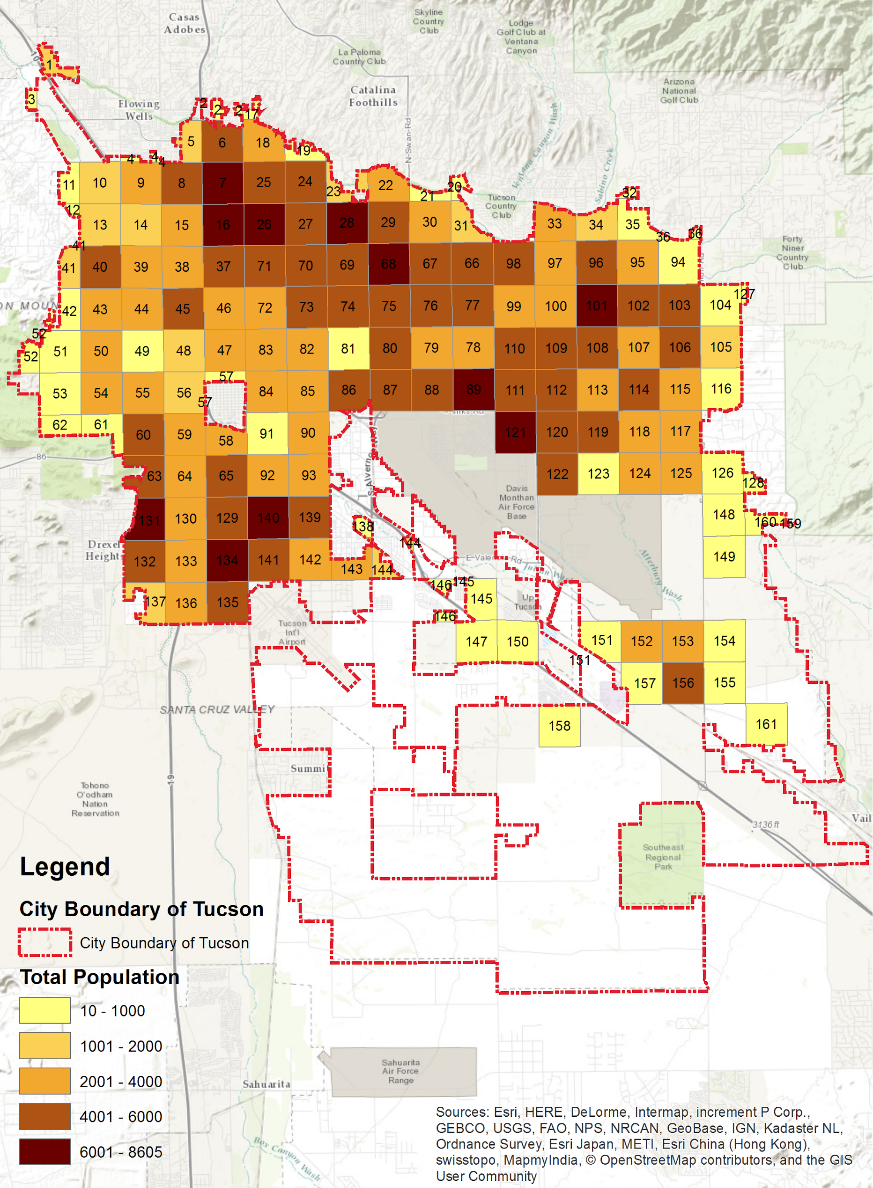 Map with total population of each of 161 township sections of Tucson area